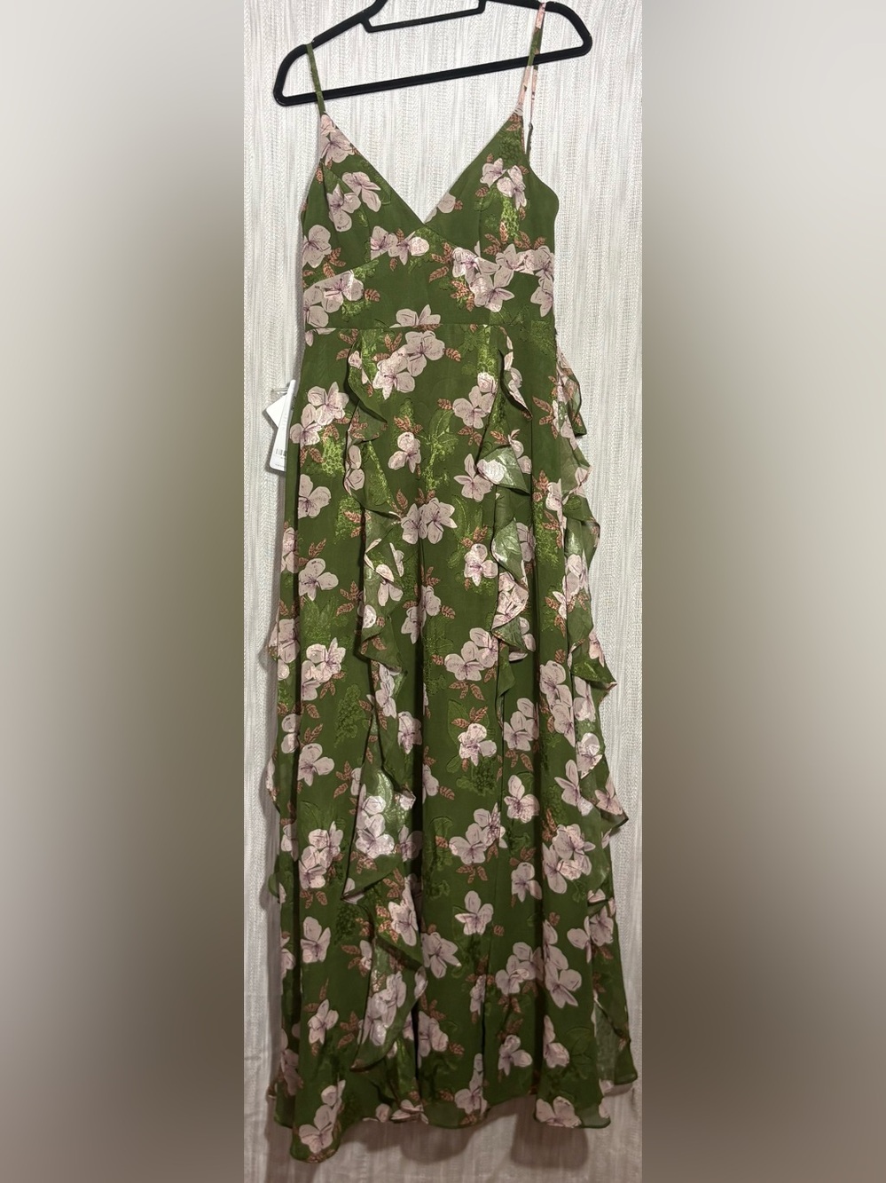 Azazie Olive Green Maxi Dress with Pink Floral Ruffles